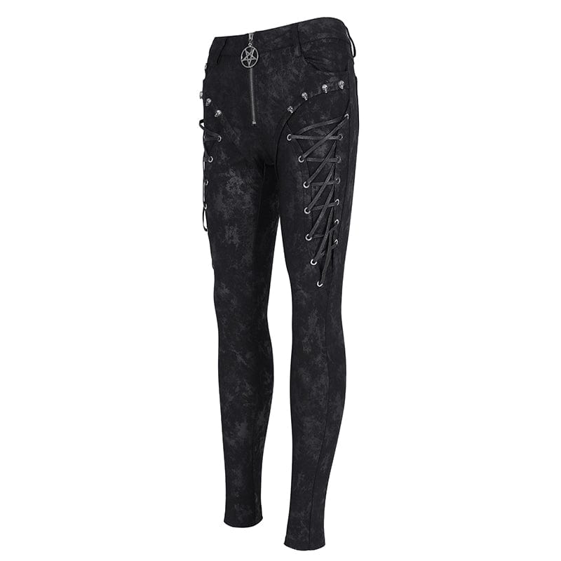 DEVIL FASHION Women's Punk Lace-up Skull Studs Pants