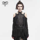 DEVIL FASHION Women's Punk Off Shoulder Buckle Sheer Crop Top Black