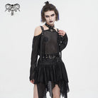 DEVIL FASHION Women's Punk Off Shoulder Buckle Sheer Crop Top Black