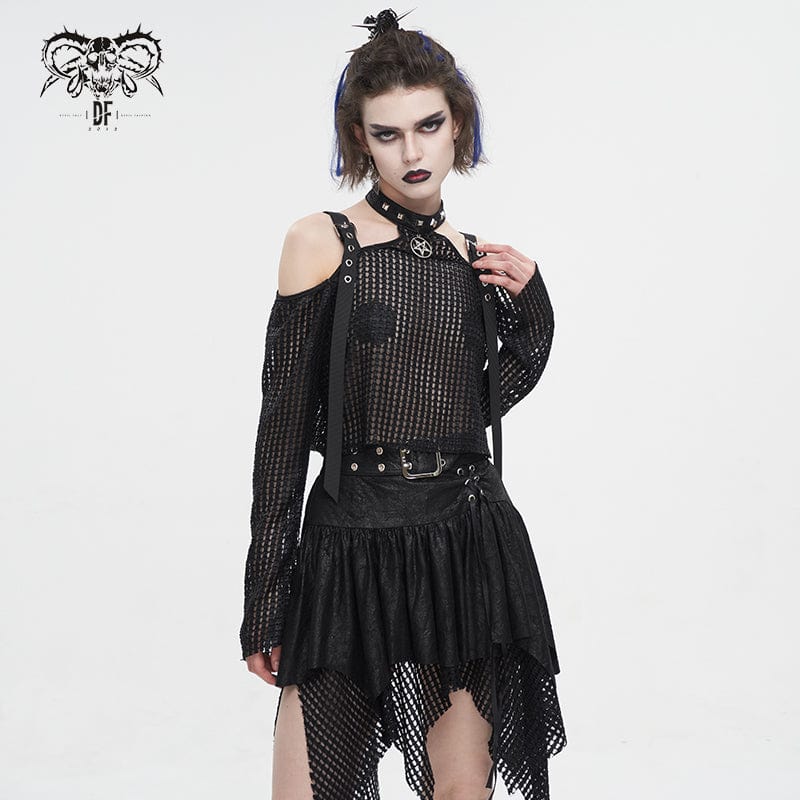 DEVIL FASHION Women's Punk Off Shoulder Buckle Sheer Crop Top Black