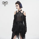 DEVIL FASHION Women's Punk Off Shoulder Buckle Sheer Crop Top Black