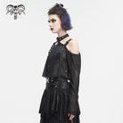 DEVIL FASHION Women's Punk Off Shoulder Buckle Sheer Crop Top Black