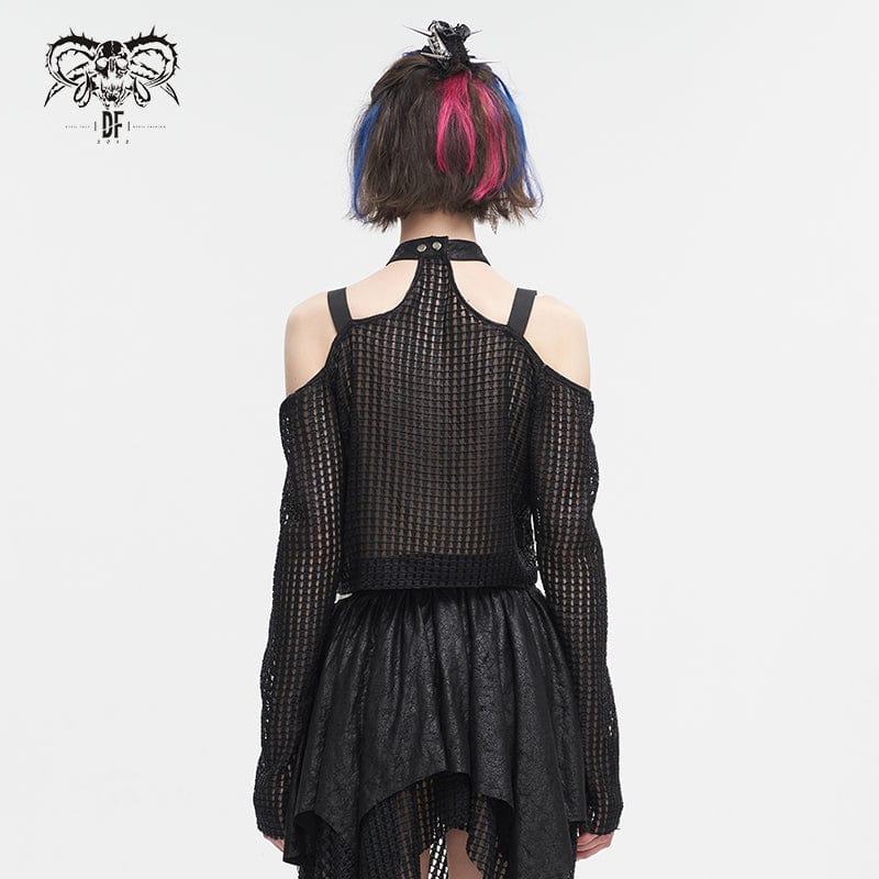 DEVIL FASHION Women's Punk Off Shoulder Buckle Sheer Crop Top Black
