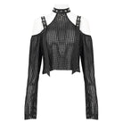 DEVIL FASHION Women's Punk Off Shoulder Buckle Sheer Crop Top Black