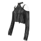 DEVIL FASHION Women's Punk Off Shoulder Buckle Sheer Crop Top Black