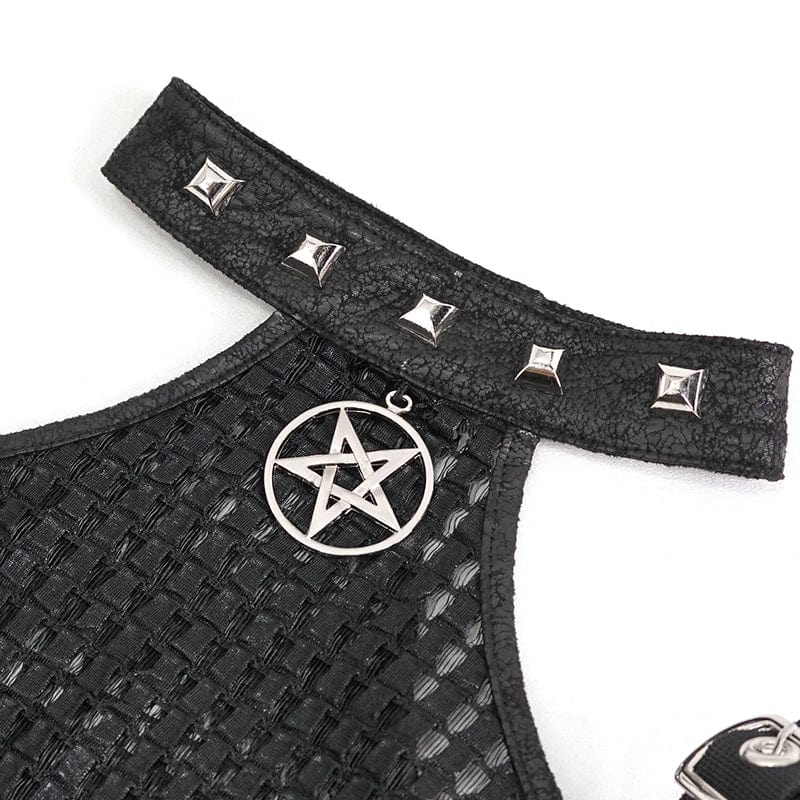 DEVIL FASHION Women's Punk Off Shoulder Buckle Sheer Crop Top Black