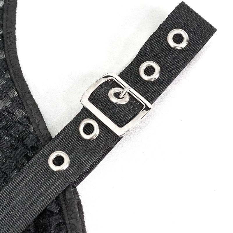 DEVIL FASHION Women's Punk Off Shoulder Buckle Sheer Crop Top Black