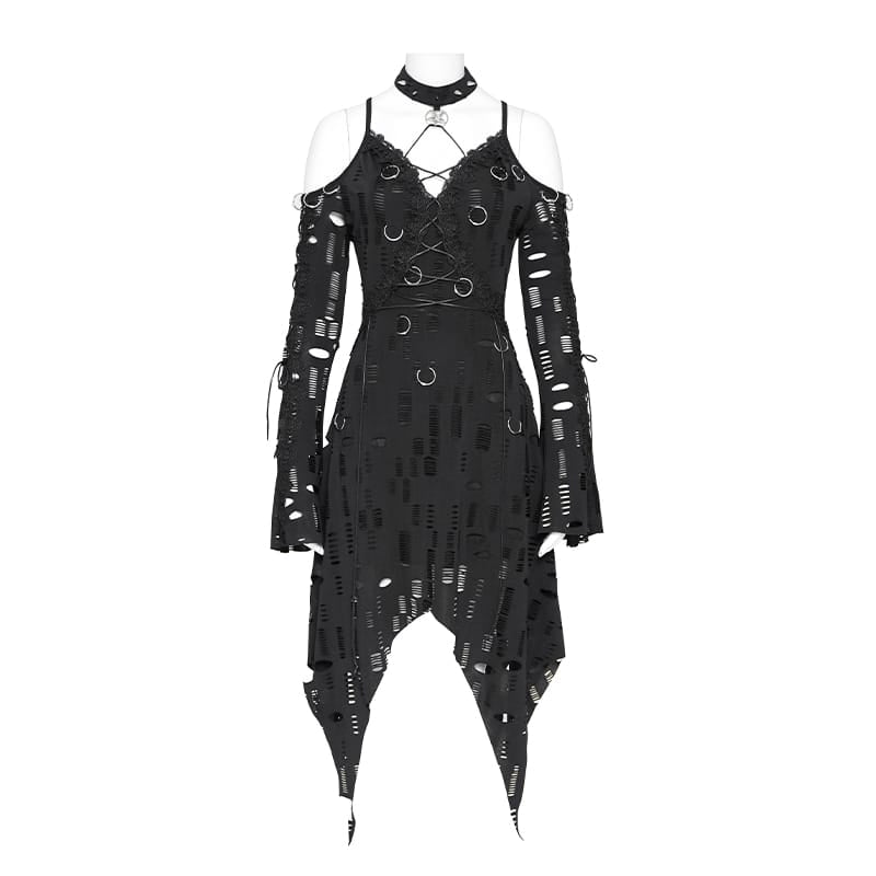 DEVIL FASHION Women's Punk Rings Ripped Irregular Hem Off Shoulder Dress