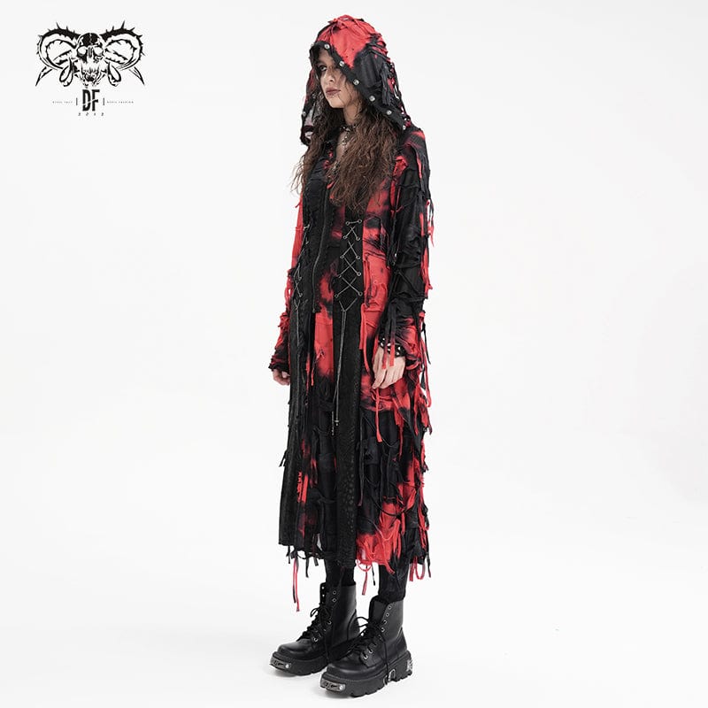 DEVIL FASHION Women's Punk Ripped Chain Lace Coat Black-Red