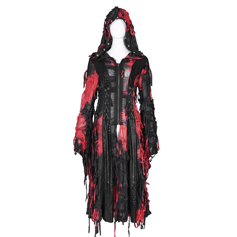 DEVIL FASHION Women's Punk Ripped Chain Lace Coat Black-Red