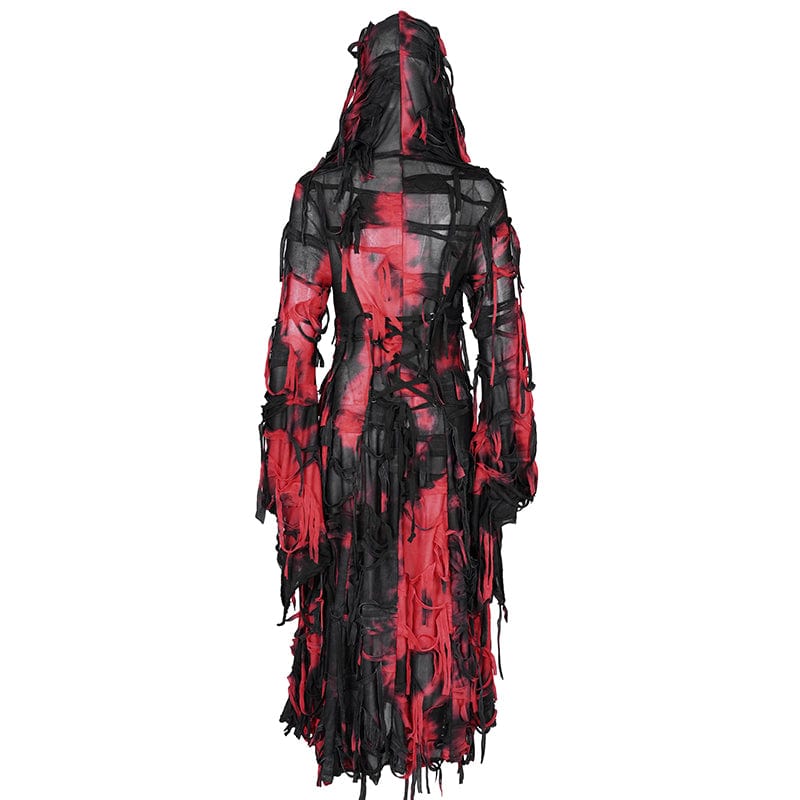 DEVIL FASHION Women's Punk Ripped Chain Lace Coat Black-Red