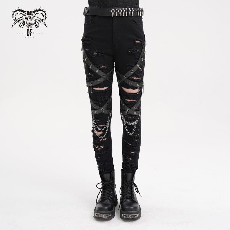 DEVIL FASHION Women's Punk Ripped Eyelets Chains Pants