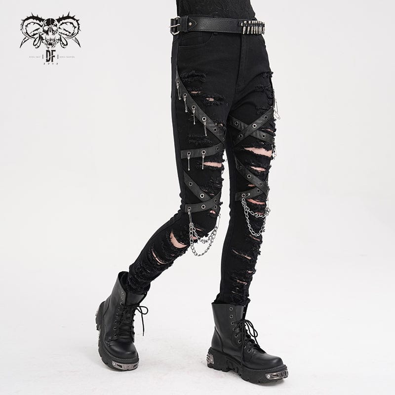 DEVIL FASHION Women's Punk Ripped Eyelets Chains Pants