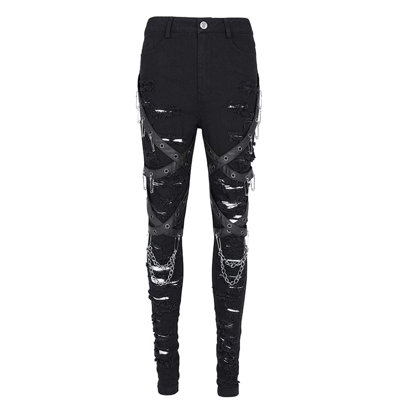 DEVIL FASHION Women's Punk Ripped Eyelets Chains Pants