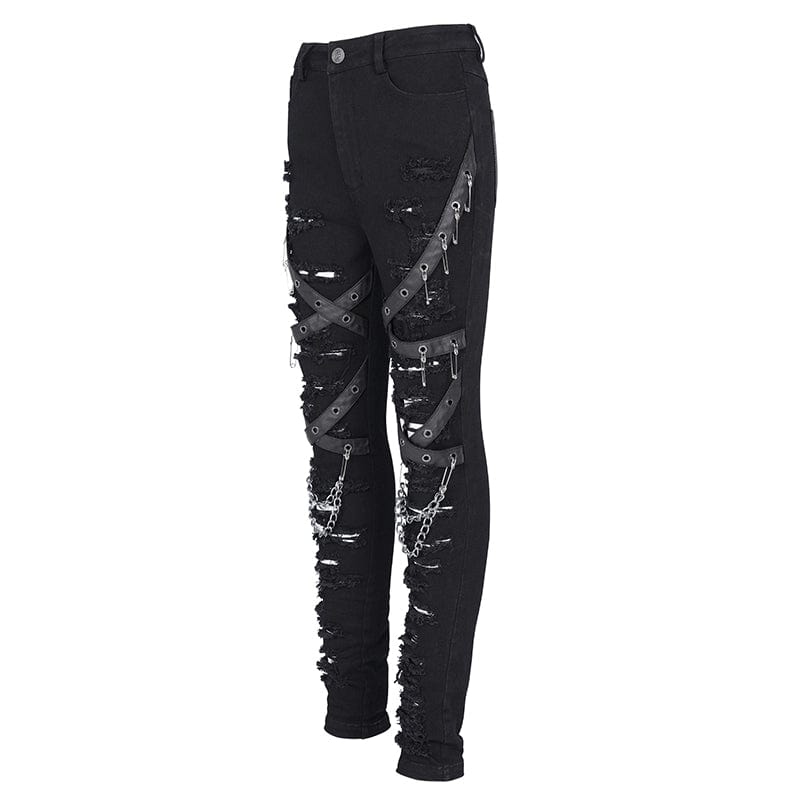 DEVIL FASHION Women's Punk Ripped Eyelets Chains Pants