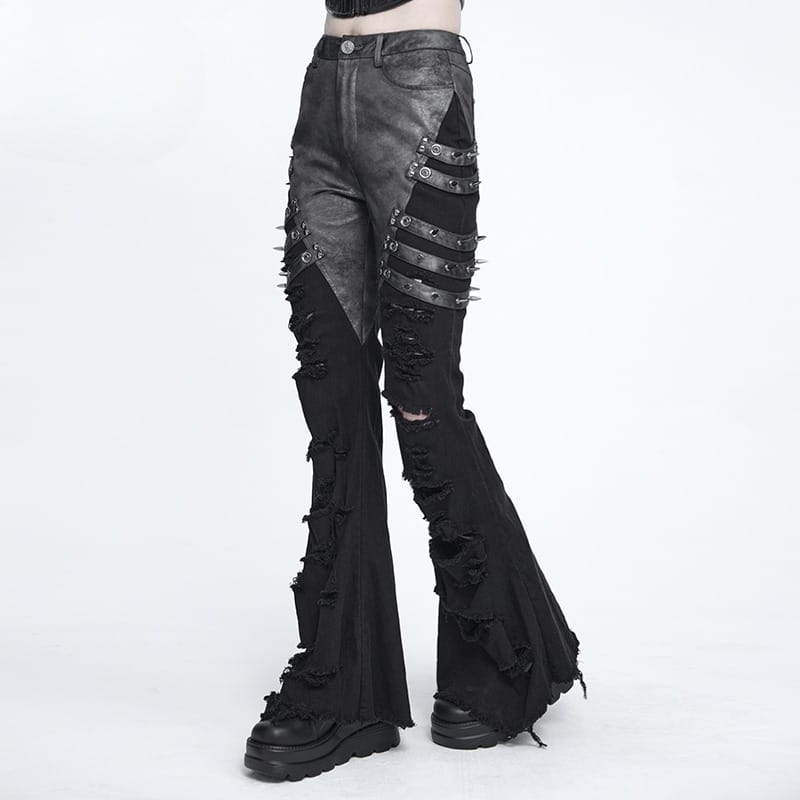 DEVIL FASHION Women's Punk Spike-Detailed Straps Ripped Flare Pants