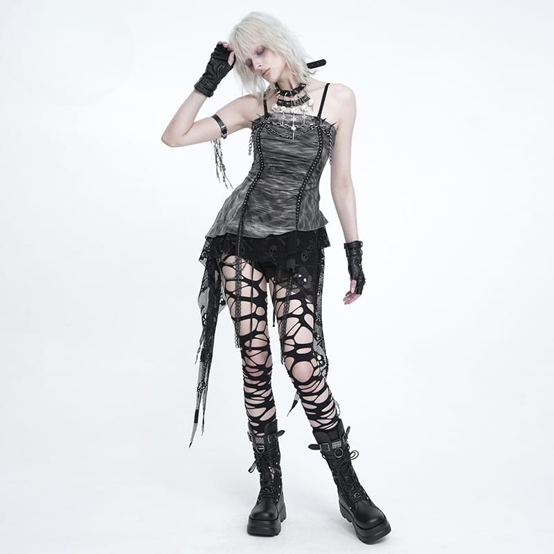 DEVIL FASHION Women's Punk Spiked Chained Asymmetric Tank Top