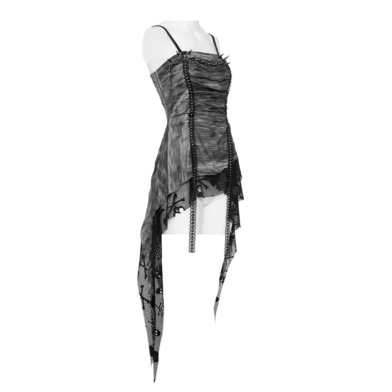 DEVIL FASHION Women's Punk Spiked Chained Asymmetric Tank Top