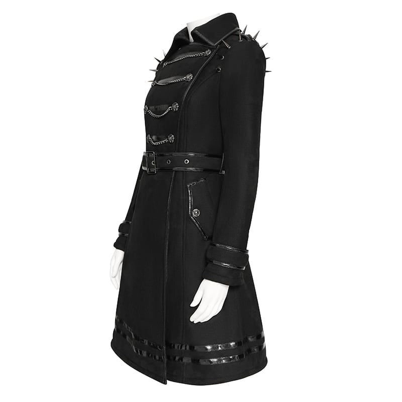 DEVIL FASHION Women's Punk Spiked Chained Lapel Slanted Placket Coat