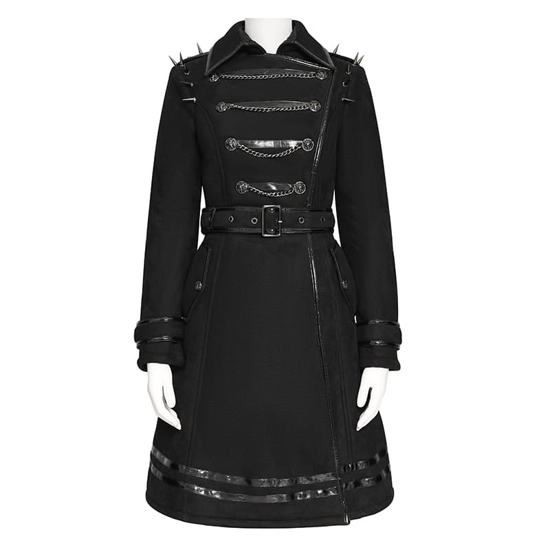DEVIL FASHION Women's Punk Spiked Chained Lapel Slanted Placket Coat