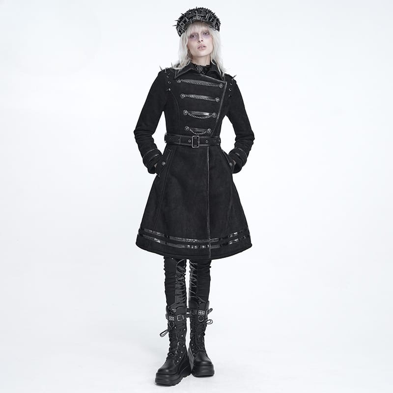 DEVIL FASHION Women's Punk Spiked Chained Lapel Slanted Placket Coat