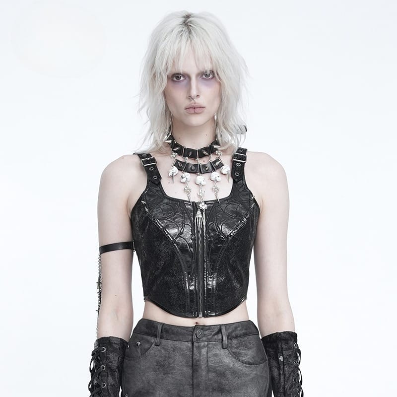 DEVIL FASHION Women's Punk Spiked Front Zipper Bustier