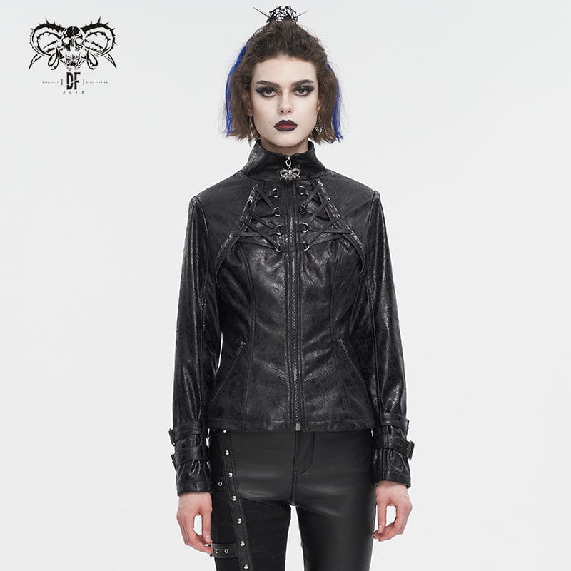 DEVIL FASHION Women's Punk Stand Collar Crackled Buckle Jacket