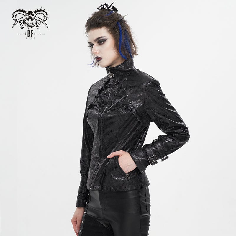 DEVIL FASHION Women's Punk Stand Collar Crackled Buckle Jacket