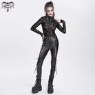 DEVIL FASHION Women's Punk Stand Collar Studded Mesh Shirt