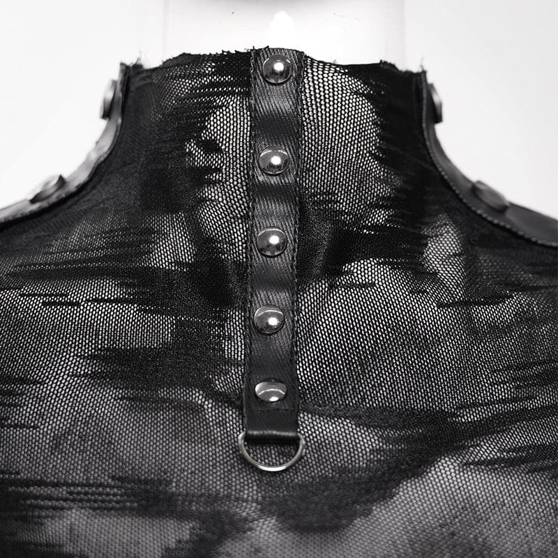 DEVIL FASHION Women's Punk Stand Collar Studded Mesh Shirt