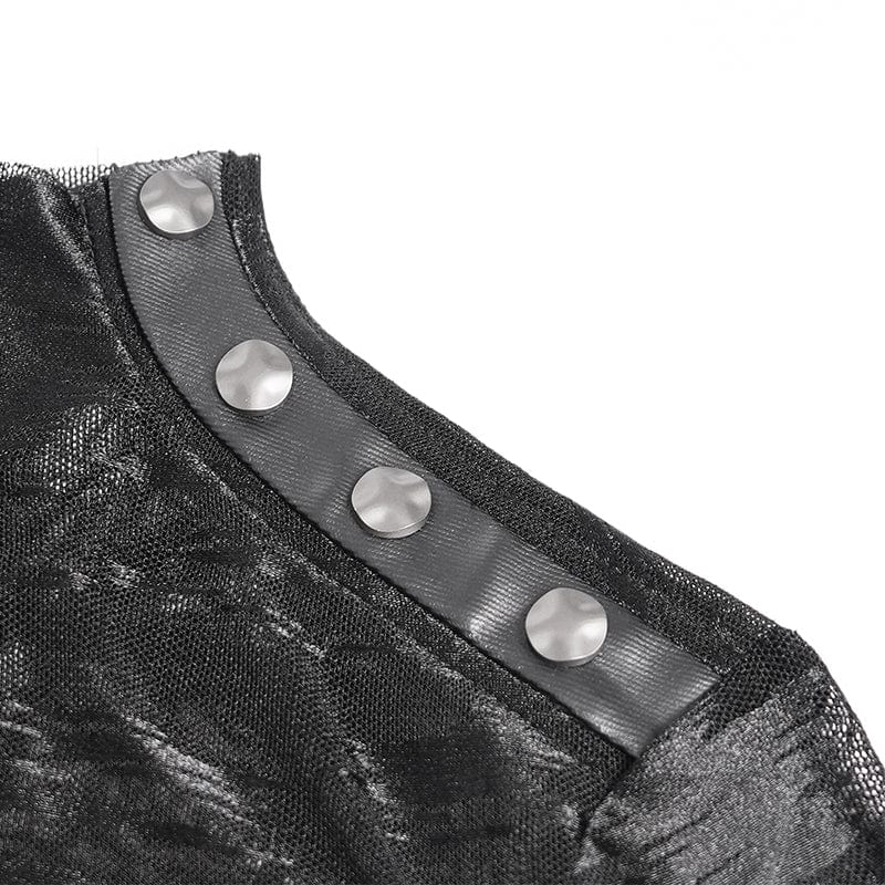 DEVIL FASHION Women's Punk Stand Collar Studded Mesh Shirt