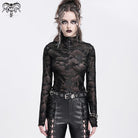 DEVIL FASHION Women's Punk Stand Collar Studded Mesh Shirt