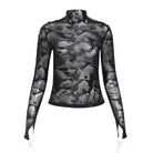 DEVIL FASHION Women's Punk Stand Collar Studded Mesh Shirt