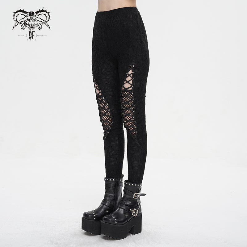 DEVIL FASHION Women's Punk Strappy Mesh Splice Ruched Leggings