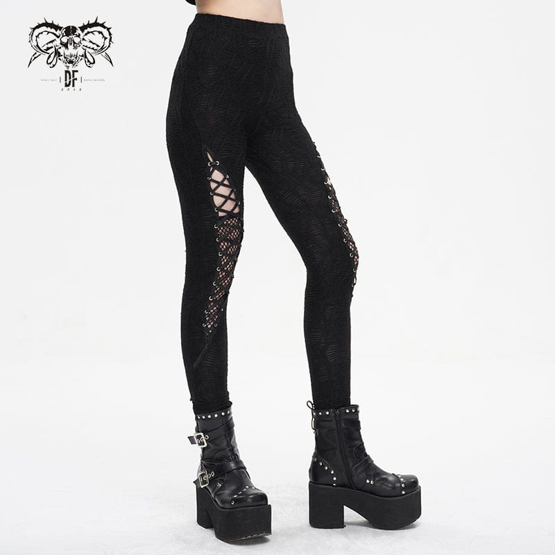 DEVIL FASHION Women's Punk Strappy Mesh Splice Ruched Leggings