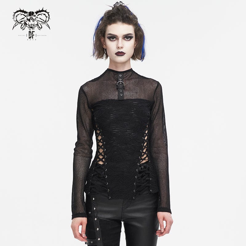 DEVIL FASHION Women's Punk Strappy Mesh Splice Ruched Shirt