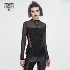 DEVIL FASHION Women's Punk Strappy Mesh Splice Ruched Shirt