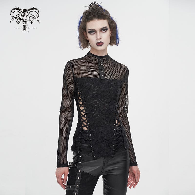 DEVIL FASHION Women's Punk Strappy Mesh Splice Ruched Shirt