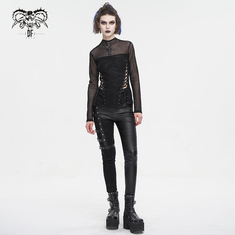 DEVIL FASHION Women's Punk Strappy Mesh Splice Ruched Shirt