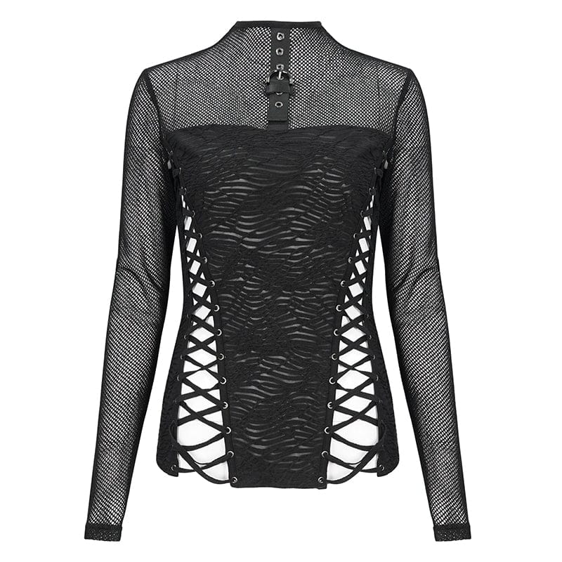 DEVIL FASHION Women's Punk Strappy Mesh Splice Ruched Shirt