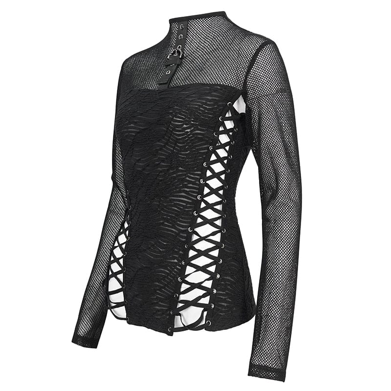 DEVIL FASHION Women's Punk Strappy Mesh Splice Ruched Shirt