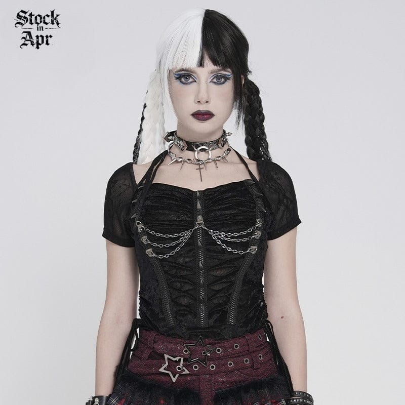 DEVIL FASHION Women's Punk Studded Chained Drawstring Short Sleeved Shirt