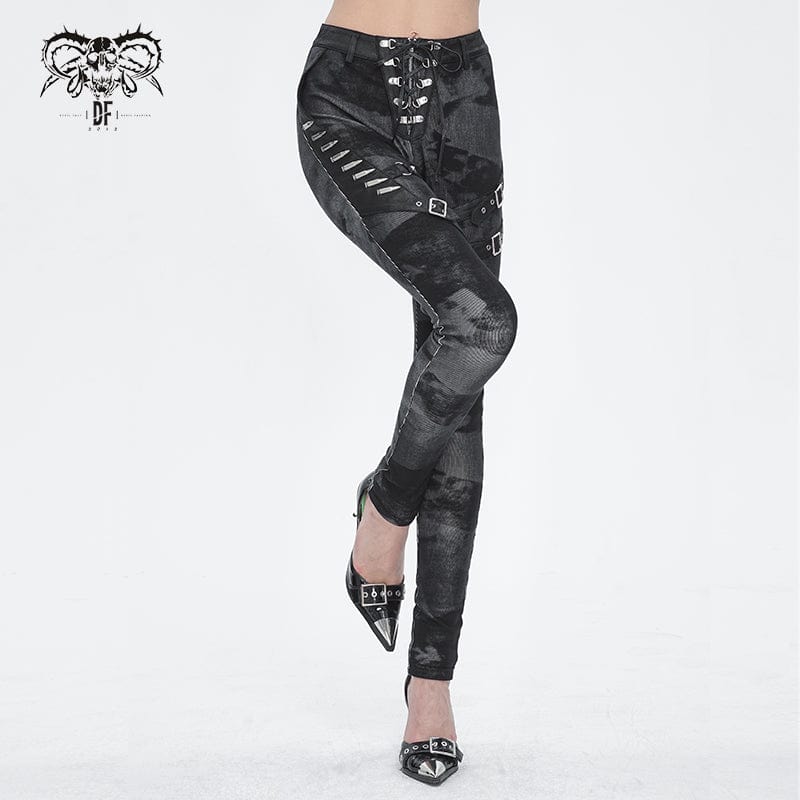 DEVIL FASHION Women's Punk Tie-dyed Buckle Lace-Up Leggings Black