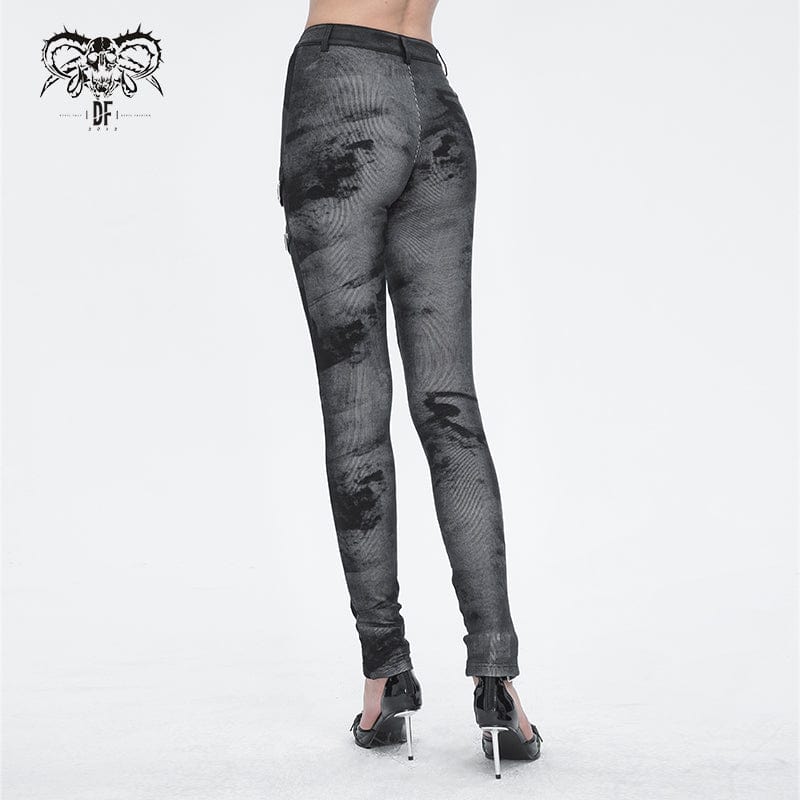 DEVIL FASHION Women's Punk Tie-dyed Buckle Lace-Up Leggings Black