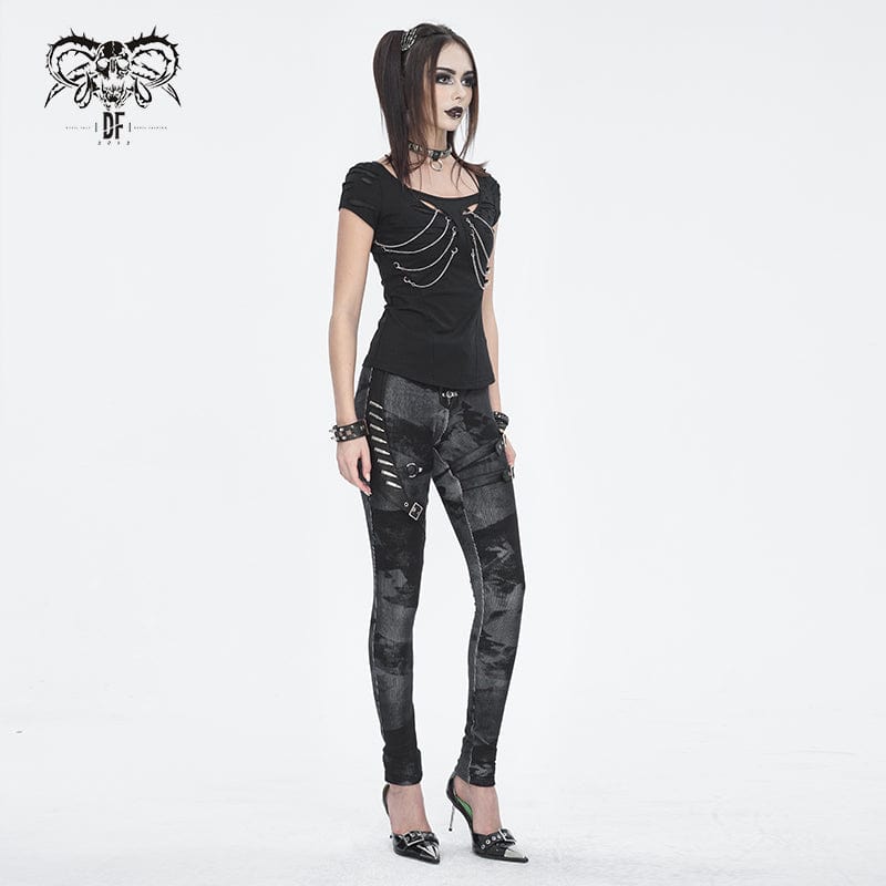 DEVIL FASHION Women's Punk Tie-dyed Buckle Lace-Up Leggings Black