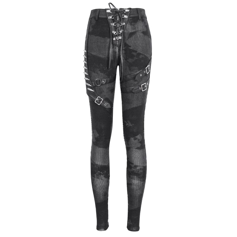 DEVIL FASHION Women's Punk Tie-dyed Buckle Lace-Up Leggings Black