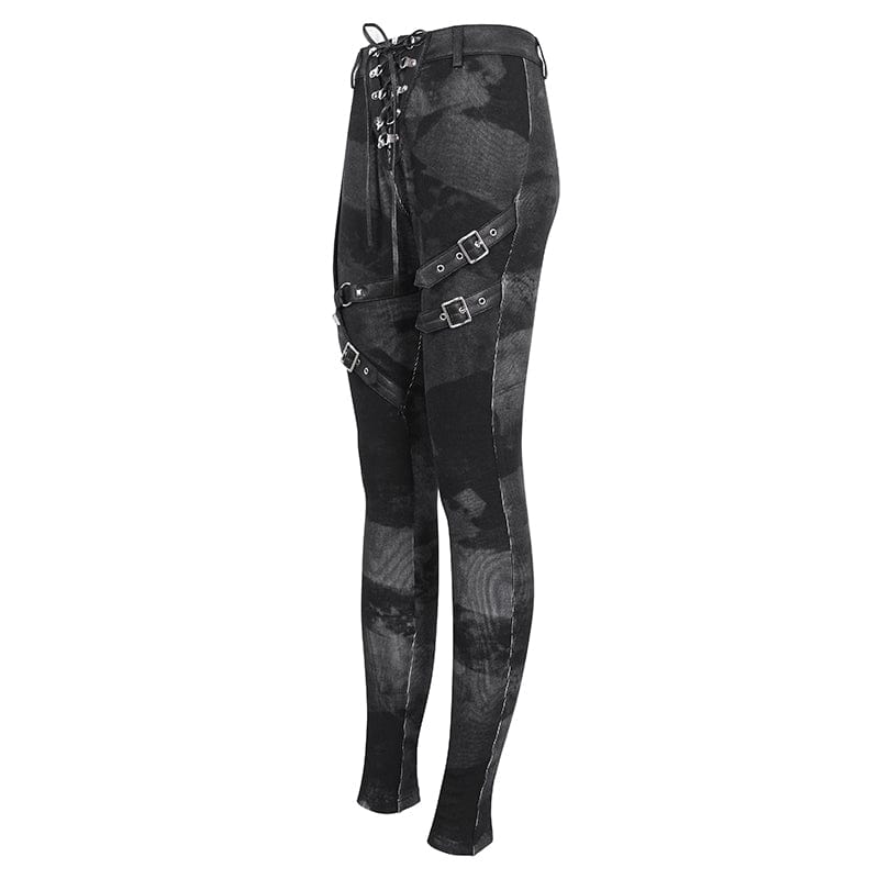 DEVIL FASHION Women's Punk Tie-dyed Buckle Lace-Up Leggings Black