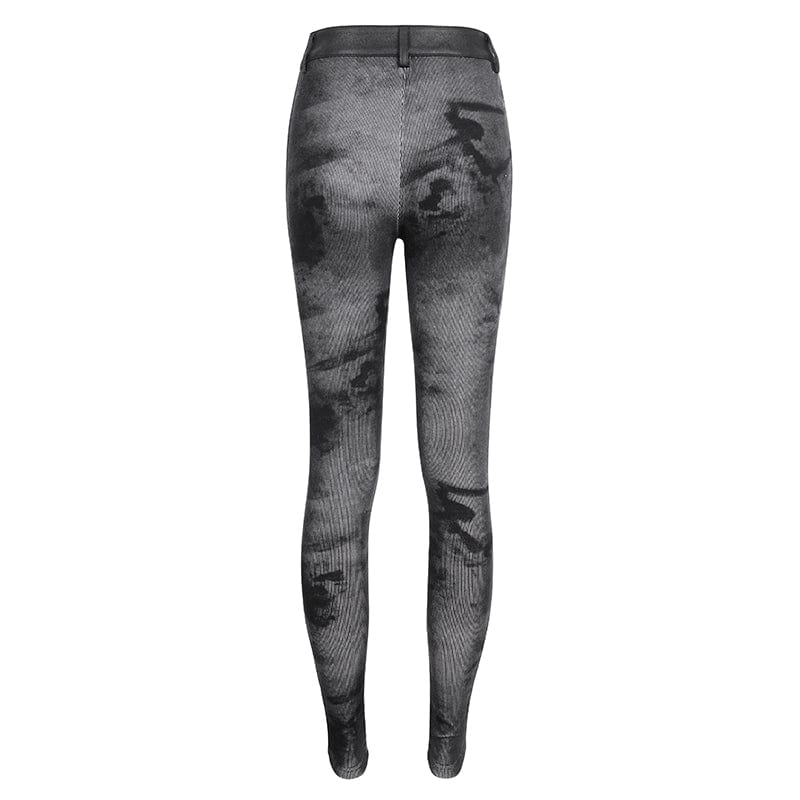 DEVIL FASHION Women's Punk Tie-dyed Buckle Lace-Up Leggings Black