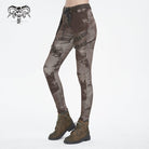 DEVIL FASHION Women's Punk Tie-dyed Buckle Lace-Up Leggings Coffee