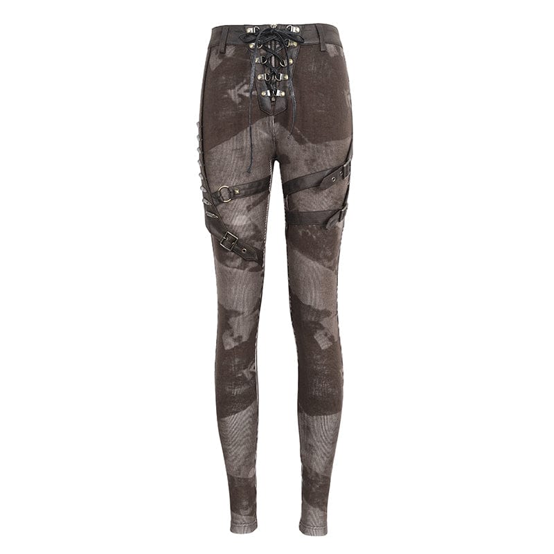 DEVIL FASHION Women's Punk Tie-dyed Buckle Lace-Up Leggings Coffee